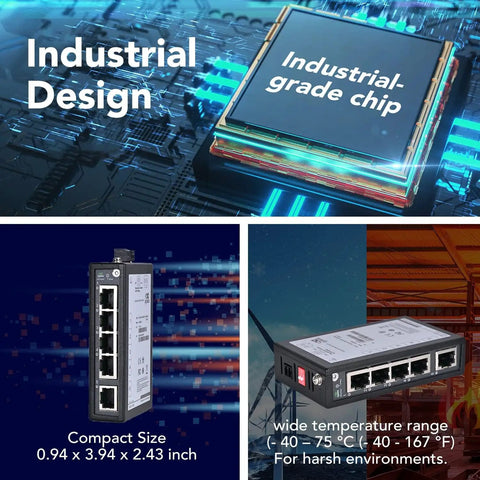 Five-Port Unmanaged Industrial Gigabit Ethernet Switch For DIN Rail Mount with industrial-grade chip and wide temperature range.