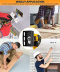 Close-up of drywall outlet cutter tool, black stainless steel square slot for oscillating tools and single-gang boxes.