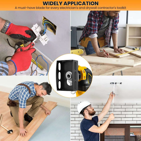 Close-up of drywall outlet cutter tool, black stainless steel square slot for oscillating tools and single-gang boxes.