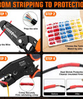 Killer 1242 Piece Wire Terminal Crimping Tool Kit That Comes Loaded with Ratcheting Crimper and Wire Stripper Cutter Offering 840 Insulated Connectors and 400 Heat Shrink Tubing Pieces for Serious Wiring Work steps for wire prep and heat shrink application