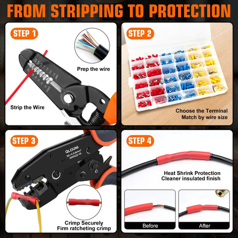 Killer 1242 Piece Wire Terminal Crimping Tool Kit That Comes Loaded with Ratcheting Crimper and Wire Stripper Cutter Offering 840 Insulated Connectors and 400 Heat Shrink Tubing Pieces for Serious Wiring Work steps for wire prep and heat shrink application