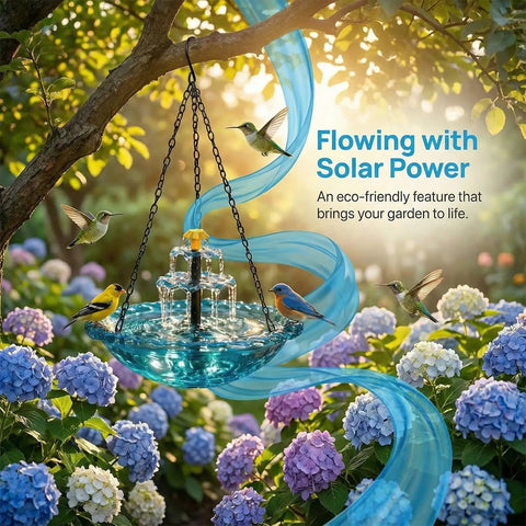 Solar-powered Cascade Bird Bath with blue water feature hanging in garden, surrounded by flowers, eco-friendly decor.