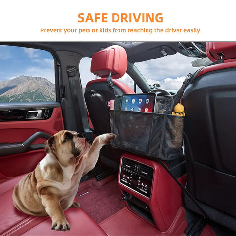 Car Net Pocket Organizer Between Seats For Handbags And Purses displayed in a car with a dog in front, holding items, black mesh.