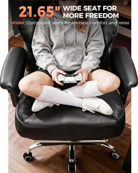 Person sitting on Big And Tall Office Chair With Upgrade Footrest For All Day Comfort, holding game controller
