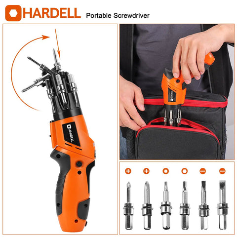 Cordless Electric Screwdriver 3.6V With Rear Flashlight 6 In 1 Furniture Assembly Set shown with attachments and carrying bag