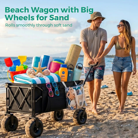 Heavy Duty Beach Wagon With 9 Inch Balloon Wheels, 550 Lb Capacity, Foldable Beach Cart on sand with beach gear, all terrain
