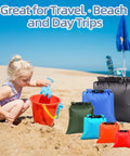 Child on beach with sand toys and Six Pack Wet Dry Bags Set For Beach And Travel Waterproof Pouches With Roll Top Closure Multiple Sizes.