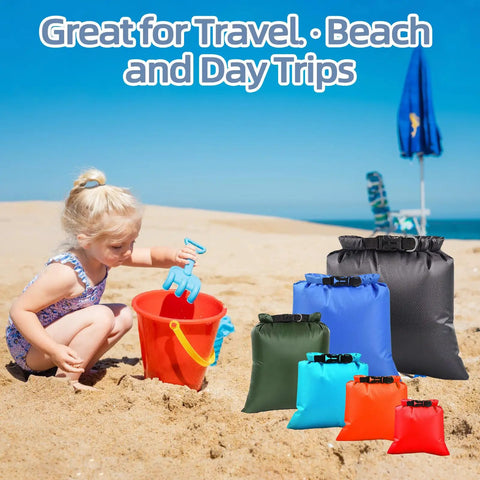 Child on beach with sand toys and Six Pack Wet Dry Bags Set For Beach And Travel Waterproof Pouches With Roll Top Closure Multiple Sizes.