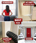 Collage of Transparent Window Weather Stripping Tape uses on windows, AC units, vents, and doors in winter scenes.