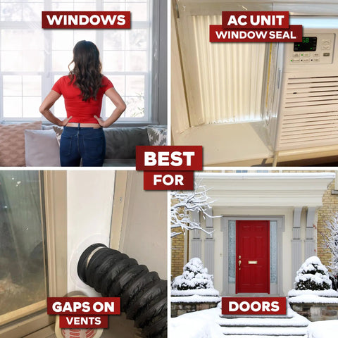 Collage of Transparent Window Weather Stripping Tape uses on windows, AC units, vents, and doors in winter scenes.