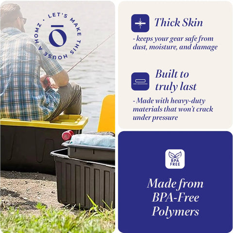 Man sitting on Heavy Duty Plastic Storage Bins With Lids 15 Gallon Black Yellow Six Piece Stackable Tote Set fishing by a lake.
