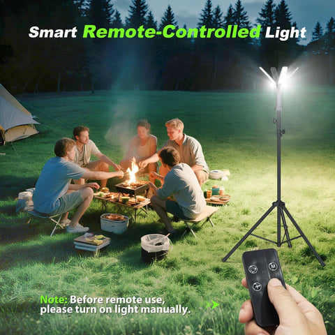 Rechargeable Camping Lantern With Remote And Eight Point Two Foot Stand 14000 mAh Battery 6000 Lumen Magnetic Work Light shown by campfire.