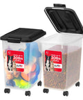 Two Pack Dog Food Storage Containers With Airtight Seal And Rolling Wheels Holds Up To 30 Lbs Each One Hand Open BPA Free Made In USA Clear And Black