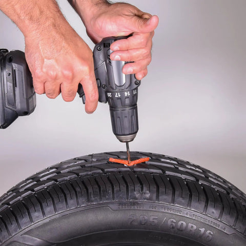 Easy Tire Plug Drill Bit Kit for All Drills 2 Piece Set with Reamer and Plugger Bits Quick No Fuss Tire Repair Solution in use