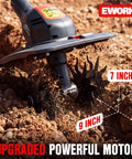 Powerful 20V Cordless Tiller Cultivator with upgraded motor demonstrating 9 inch width and 7 inch depth soil tilling.