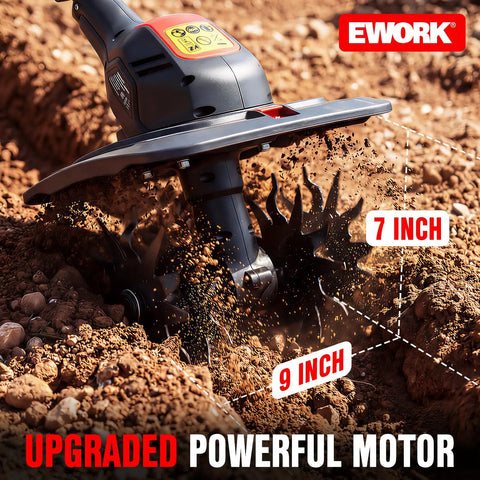 Powerful 20V Cordless Tiller Cultivator with upgraded motor demonstrating 9 inch width and 7 inch depth soil tilling.