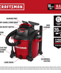Front view of Beast Mode Power 16 Gallon Wet Dry Vac with 6.5 Peak HP, showing hose, attachments, and storage features.