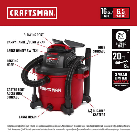 Front view of Beast Mode Power 16 Gallon Wet Dry Vac with 6.5 Peak HP, showing hose, attachments, and storage features.