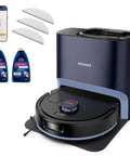 FurForce Robot Vacuum And Mop with No Tangle Pet Brush Roll and LiDAR Navigation, cleaning pads, two detergent bottles, and app interface.