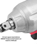 Close-up of Cordless 21V Half Inch Brushless Impact Wrench head, showing 1/2 inch square drive and text on torque and speed.