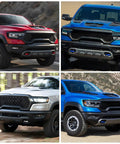 Front view of RAM 1500 trucks with Custom Front Tow Hook Cover For RAM 1500 2019-2026 Red Hitch Cover Easy Install