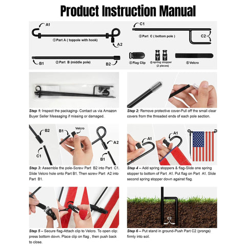 Heavy Duty Garden Flag Stand With Collapsible Steel Holder Pole Weatherproof Coating And Locking Spring Clips For Top Tier Outdoor Decor Without The Flag Hassle Free Setup Yard Ready Gear instructional image detailing assembly steps.
