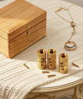 Brass Cabinet Hinges Set With Drill Bit For Easy Hidden Mounting, 10mm Barrel, 180 Degree Opening near a wooden box on a table