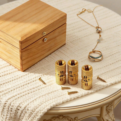 Brass Cabinet Hinges Set With Drill Bit For Easy Hidden Mounting, 10mm Barrel, 180 Degree Opening near a wooden box on a table