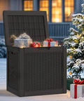 Open 32 Gallon Outdoor Storage Box With Lockable Lid And Side Handles, Waterproof Resin Rattan Deck Box With Gifts, Black