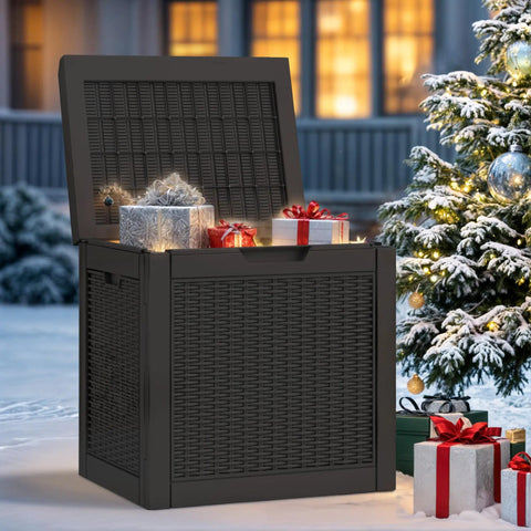 Open 32 Gallon Outdoor Storage Box With Lockable Lid And Side Handles, Waterproof Resin Rattan Deck Box With Gifts, Black