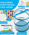 Butterfly Habitat Kit With Voucher For Five Caterpillars, Includes Mesh Cage With See Through Lid, Decoratable Feeder With Stickers