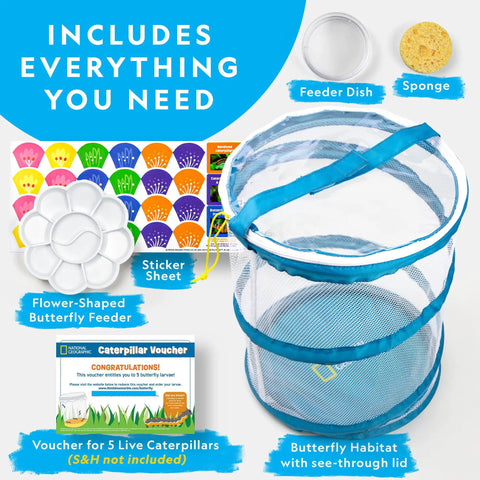Butterfly Habitat Kit With Voucher For Five Caterpillars, Includes Mesh Cage With See Through Lid, Decoratable Feeder With Stickers