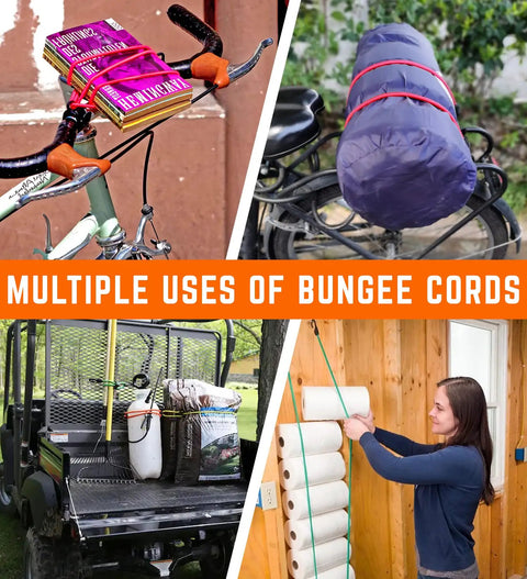 Heavy Duty Bungee Cords With Hooks Kit 30 Pcs Assorted Sizes in various uses: cycling, camping, cargo securing, indoor storage