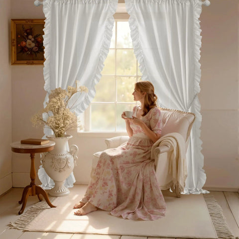 Romantic White Ruffled Curtains With Privacy Light Filtering, Faux Silk Drapes, Two Panels, W50 X L95, Cozy Country Bedroom Vibe