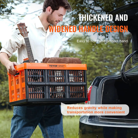Person loading orange VEVOR crate into car, showcasing Collapsible 45L Storage Crates Set of 3 With Handles for easy organization.