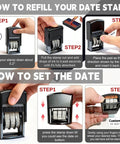 Instructions for refilling and setting date on Custom Self Inking Date Stamp For Zero Stress Daily Paperwork And Swift Sign Offs Personalized Name Seal.