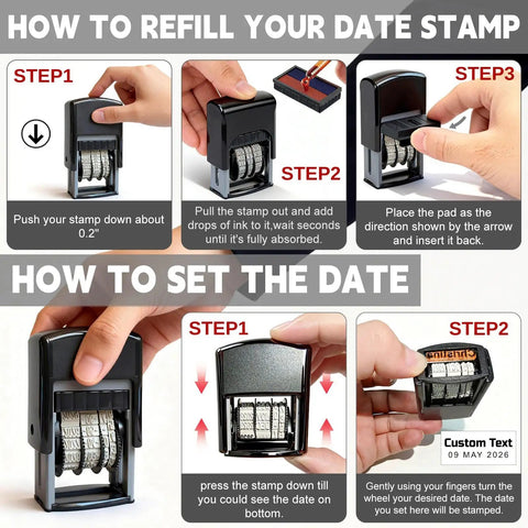 Instructions for refilling and setting date on Custom Self Inking Date Stamp For Zero Stress Daily Paperwork And Swift Sign Offs Personalized Name Seal.