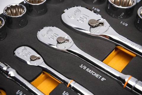 Beefy 83 Piece SAE And Metric Mechanics Tool Set With One Quarter Inch Three Eighths Inch One Half Inch Sockets in foam tray
