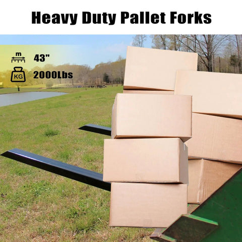 Clamp On Pallet Forks For Tractor Bucket With Adjustable Stabilizer Bar, 43 Inch Length, supporting boxes in field