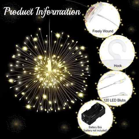 Copper Wire Firework Fairy Lights With Remote Control Waterproof 120 LED String For Indoor Outdoor Decor shown with features