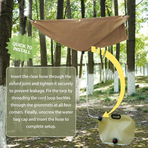 Portable Rainwater Collection System For Camping With A 5 By 5 Foot Hanging Tarp And A 2.2 Gallon Collapsible Water Bag in forest