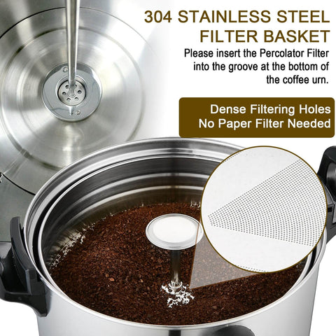 Top view of 304 stainless steel filter basket in a Massive Commercial Coffee Urn With 155 Cup Capacity Dual Layer Industrial Grade Stainless Steel 1500W 120V Hot Water Dispenser For Catering Churches Restaurants Workhorse Keeps Coffee Hot All Day.