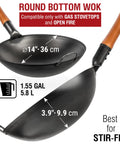 Preseasoned 14 Inch Carbon Steel Wok With Round Bottom For Stir Fry Mastery On Gas Stovetops Open Flame And BBQ Camping