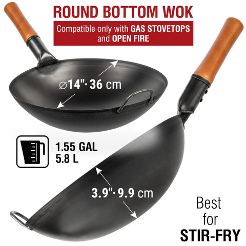 Preseasoned 14 Inch Carbon Steel Wok With Round Bottom For Stir Fry Mastery On Gas Stovetops Open Flame And BBQ Camping
