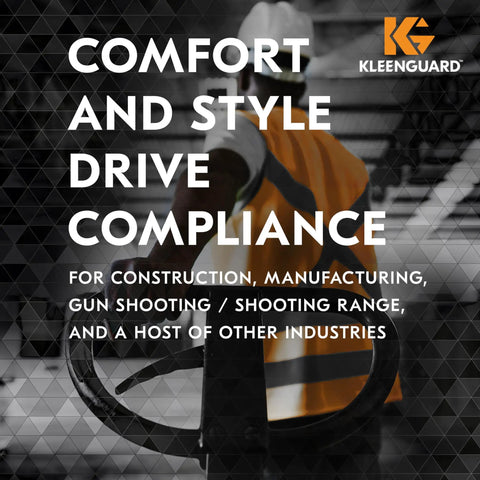 Worker wearing safety gear holding steering wheel with text about compliance and comfort