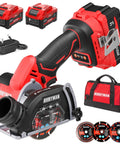 Heavy Duty 20V Compact Circular Saw With 3 Inch Brushless Motor And Dual 4Ah Batteries For Blazing Fast Cuts on display with accessories.
