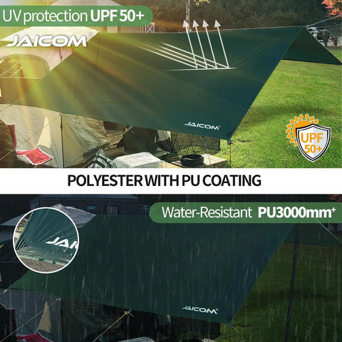 Waterproof Camping Tarp 10x10 Feet Rain Fly Ultralight Portable With UV Protection in green over a campsite with rain and sun graphics