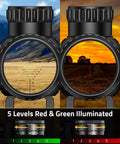 Crossbow Scope 1.5 To 5x32 Magnification With Red Green Illuminated Ballistic Reticle, dual view in field at sunset and noon