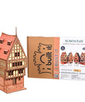 Realistic Medieval Rowhouse DIY Wood Building Kit For Teens And Adults, model and box on display