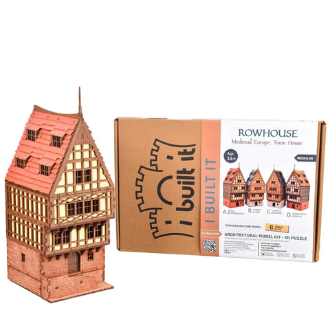 Realistic Medieval Rowhouse DIY Wood Building Kit For Teens And Adults, model and box on display